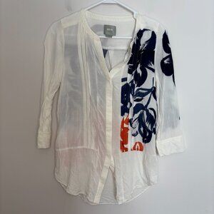 MAEVE Floral Pleated Tunic Womens S Cream Navy Coral 3/4 Sleeve Button Up